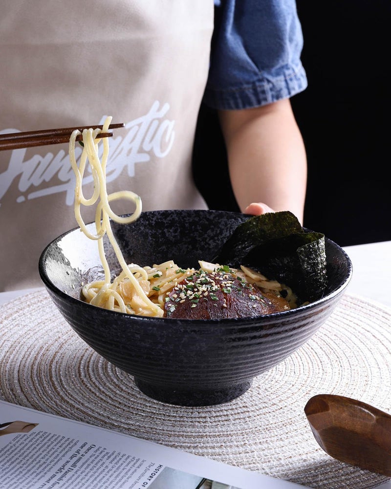 Kanwone Ceramic Japanese Ramen Bowl Set, Noodle Soup Bowls - 37 Ounce, with Matching Spoons and Chopsticks for Udon Soba Pho Asian Noodles, Set of 2, Black - Image 5